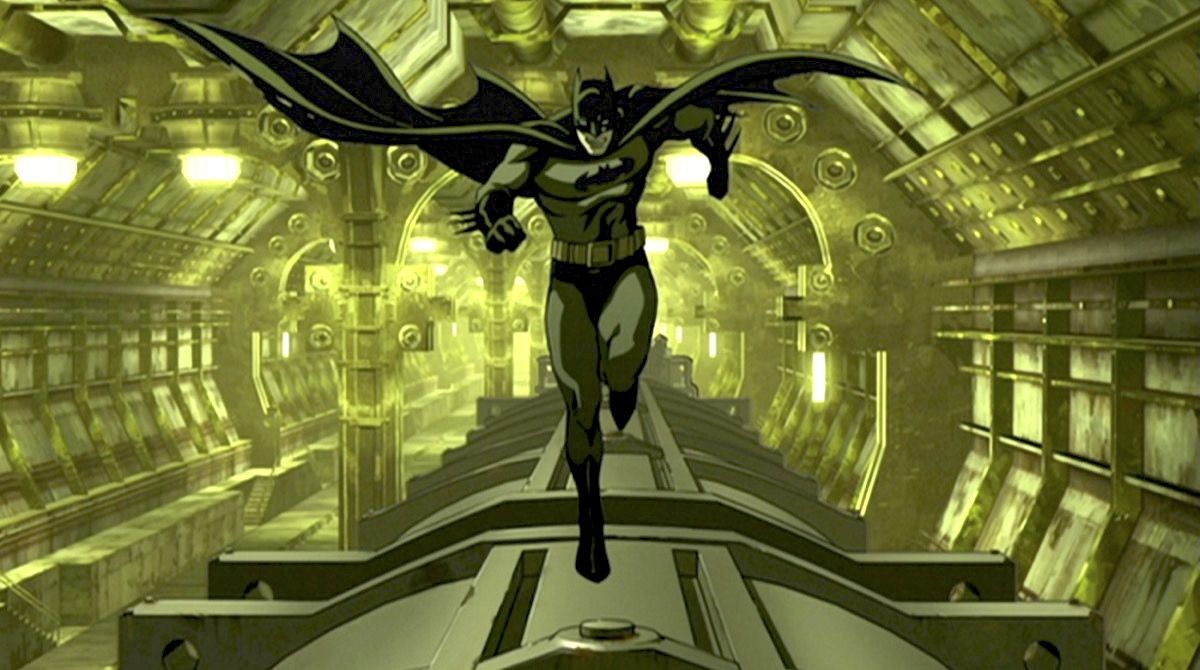Batman running on top of a train in a tunnel in Batman: Gotham Knight.