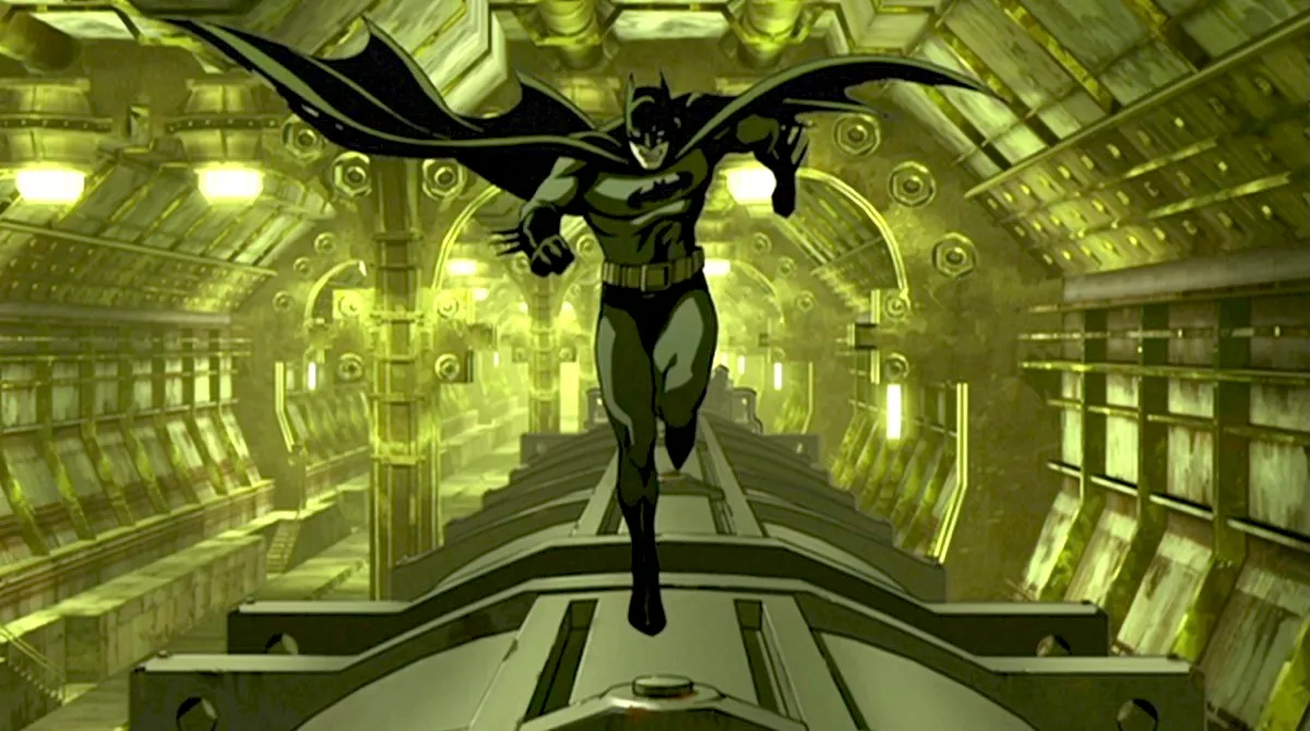 Batman running on top of a train in a tunnel in Batman: Gotham Knight.