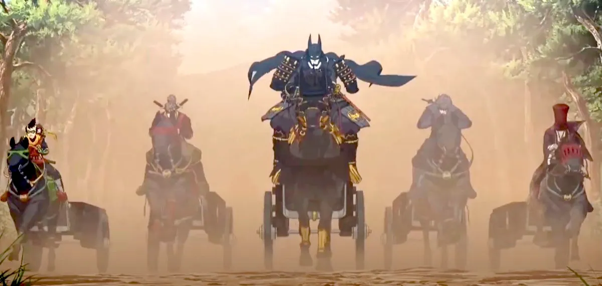 Batman and friends riding horses into battle in Batman Ninja.
