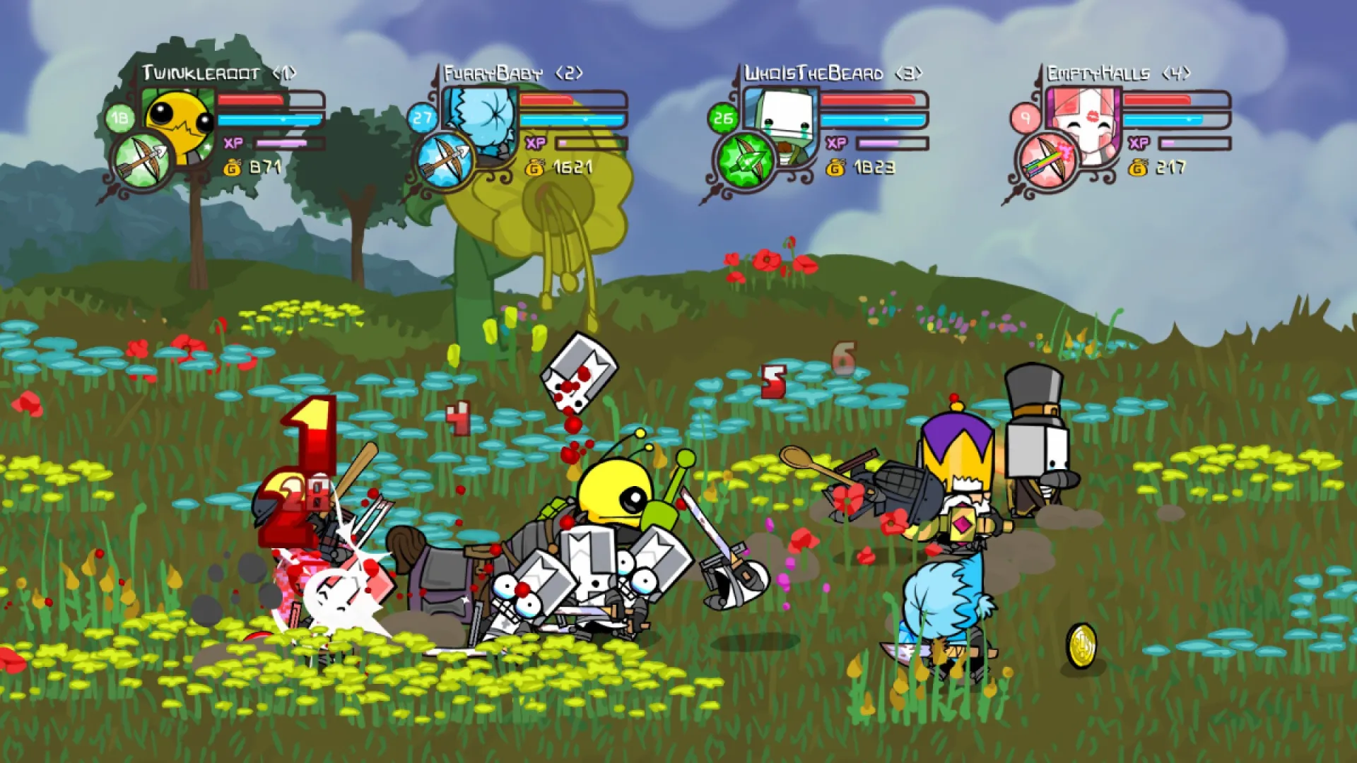 Animated characters in "Castle Crashers" fight in an open field.