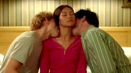 A screenshot of two men kissing Zendaya in her new movie Channelgers.