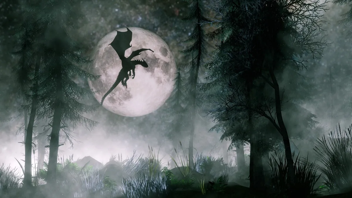 A dragon flying at night, silhouetted against the Moon.