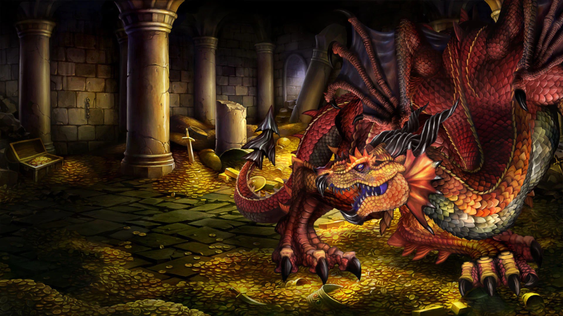 The animated dragon of "Dragon's Crown" guards in its gold horde in a castle