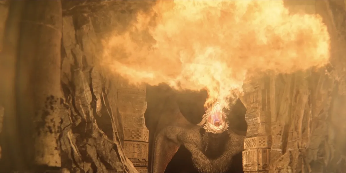 Dreamfyre the dragon breathes fire in HBO's House of the Dragon.