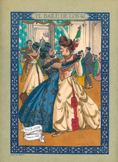 El Baile de los 41, a watercolour painting by Felix Deon: Two bearded drag queens in beautiful historic ballgowns in a grad ballroom.