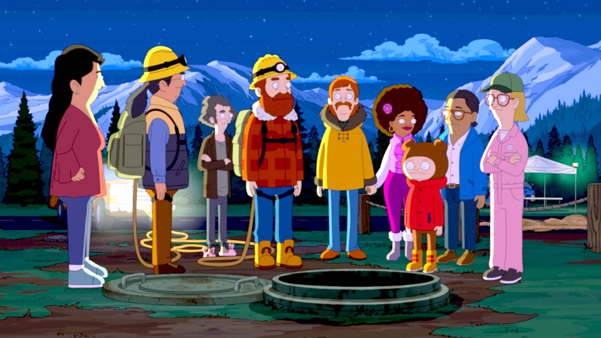 Still from The Great North episode "For Whom he Smell Tolls"; Esther, Walter, Beef, Wolf, Honeybee, Moon, Mayor Peppers, and Junkyard Kyle stand around an open manhole in the dark.