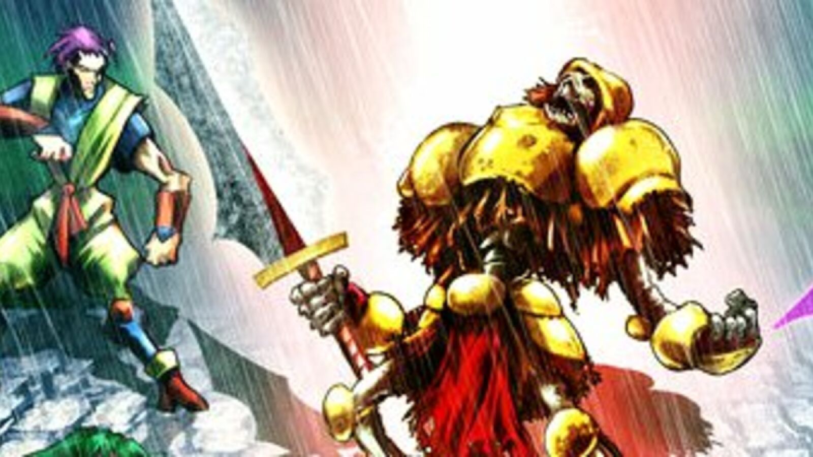 The animated undead warrior from "Guardian Heroes" stands in the rain with his chest to the sky.
