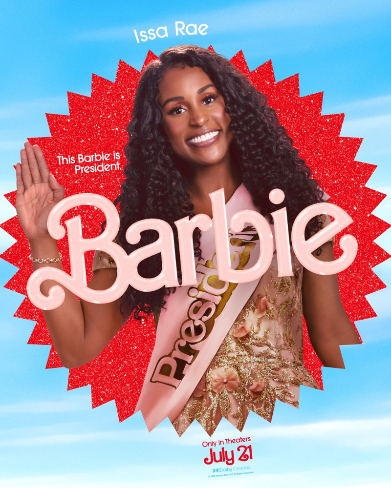 Barbie poster featuring Issa Rae. She's wearing a sash that says President and smiling.