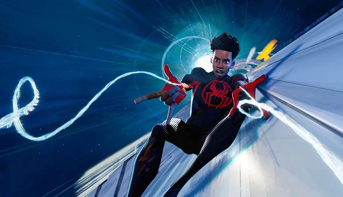 Miles Morales Spider-Man shooting webs in Spider-Man: Across the Spider-Verse.