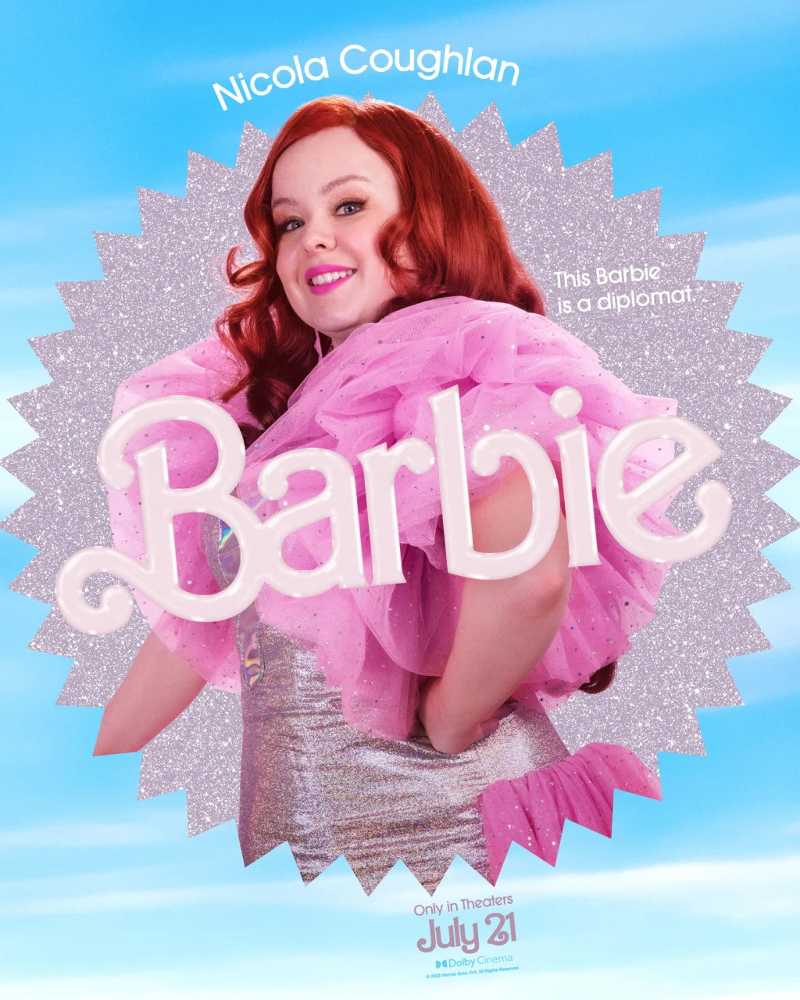 Barbie movie poster with Nicola Coughlan. She's wearing a sparkly, puffy pink dress and her text says "she's a diplomat"