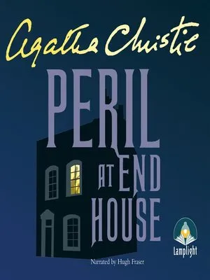 Agatha Christie's Peril At End House cover; a dark blue cover with her name in yellow script at the top and an illustration of a house lit up from within with a yellow light. The text appears in a lighter blue across it.