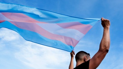 A person holding a transgender pride flag that flows behind them.