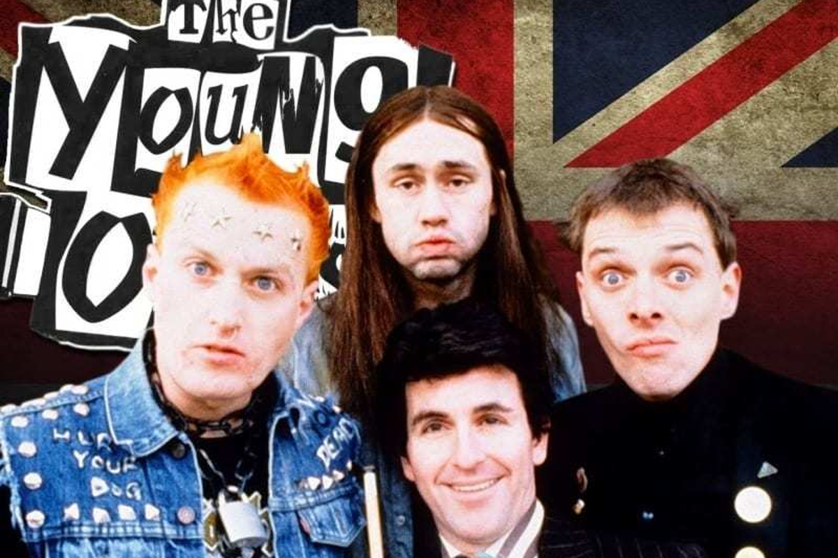 Promotional image of The Young Ones; Rik Mayall, Nigel Planer, Adrian Edmondson, and Christopher Ryan, all young white men, stand in front of a Union Jack and the name of the show in black on white squares.