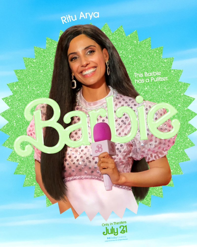 Barbie movie poster with Ritu Arya. She's holding a pink microphone and her text says "this barbie has a Pulitzer"