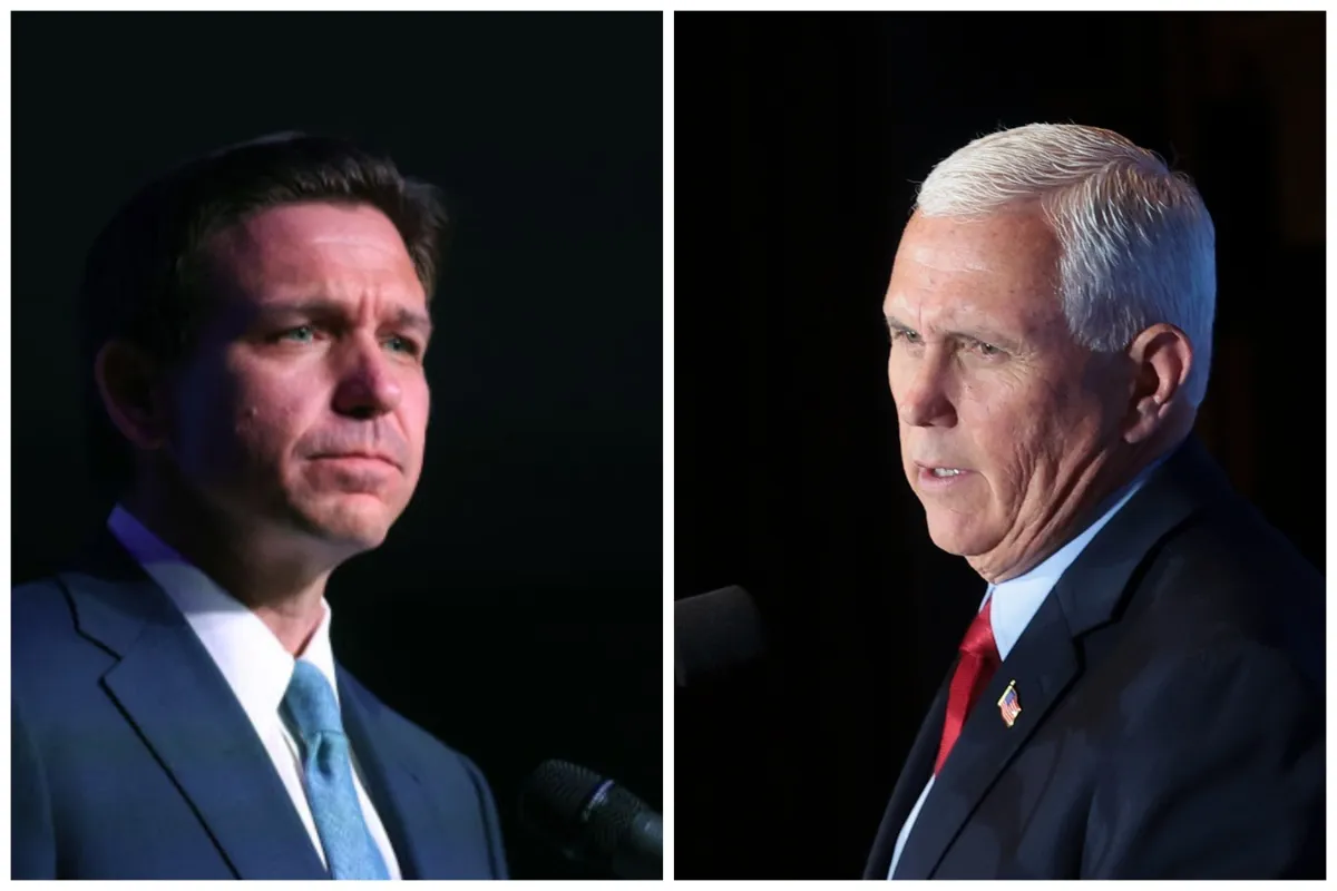 A side by side of Ron DeSantis and Mike Pence looking annoyed and boring.