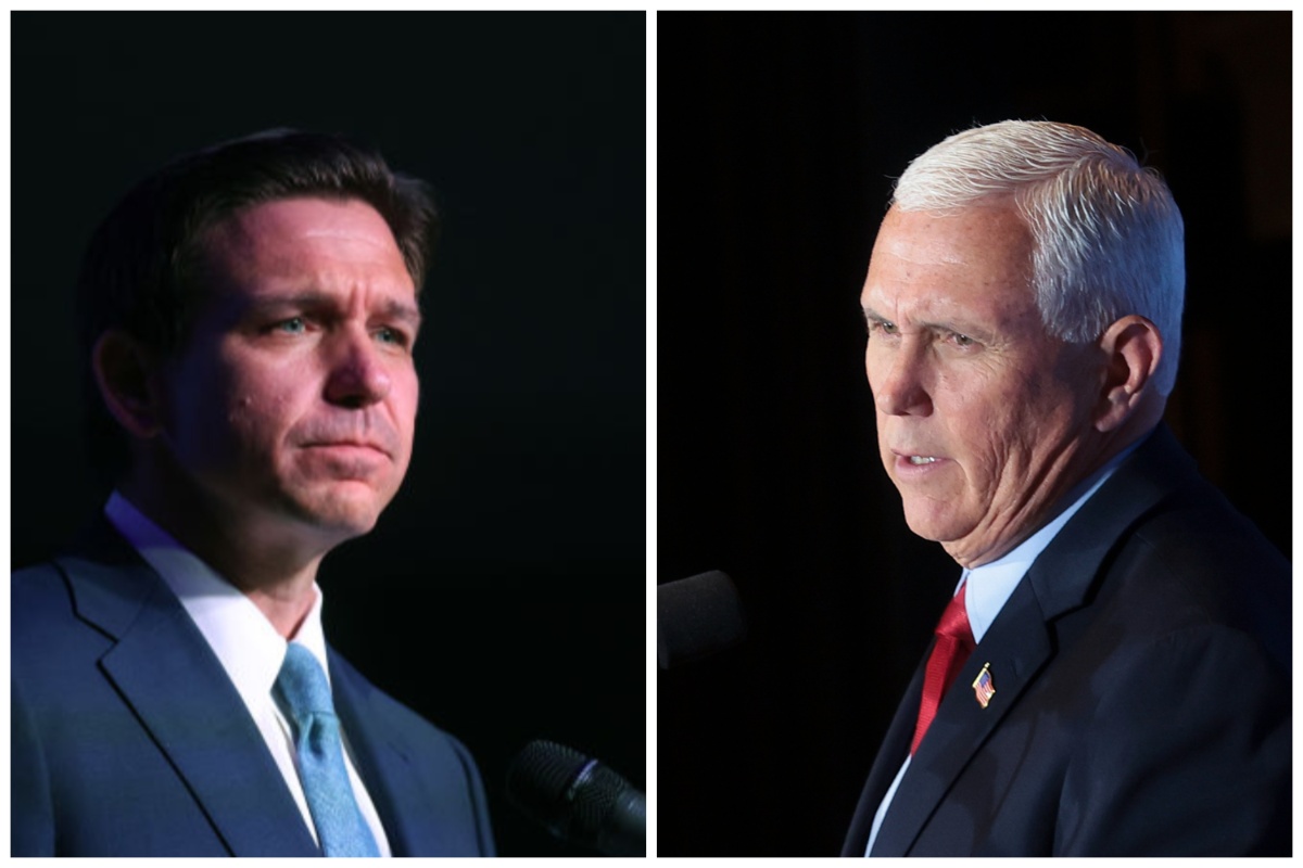 A side by side of Ron DeSantis and Mike Pence looking annoyed and boring.