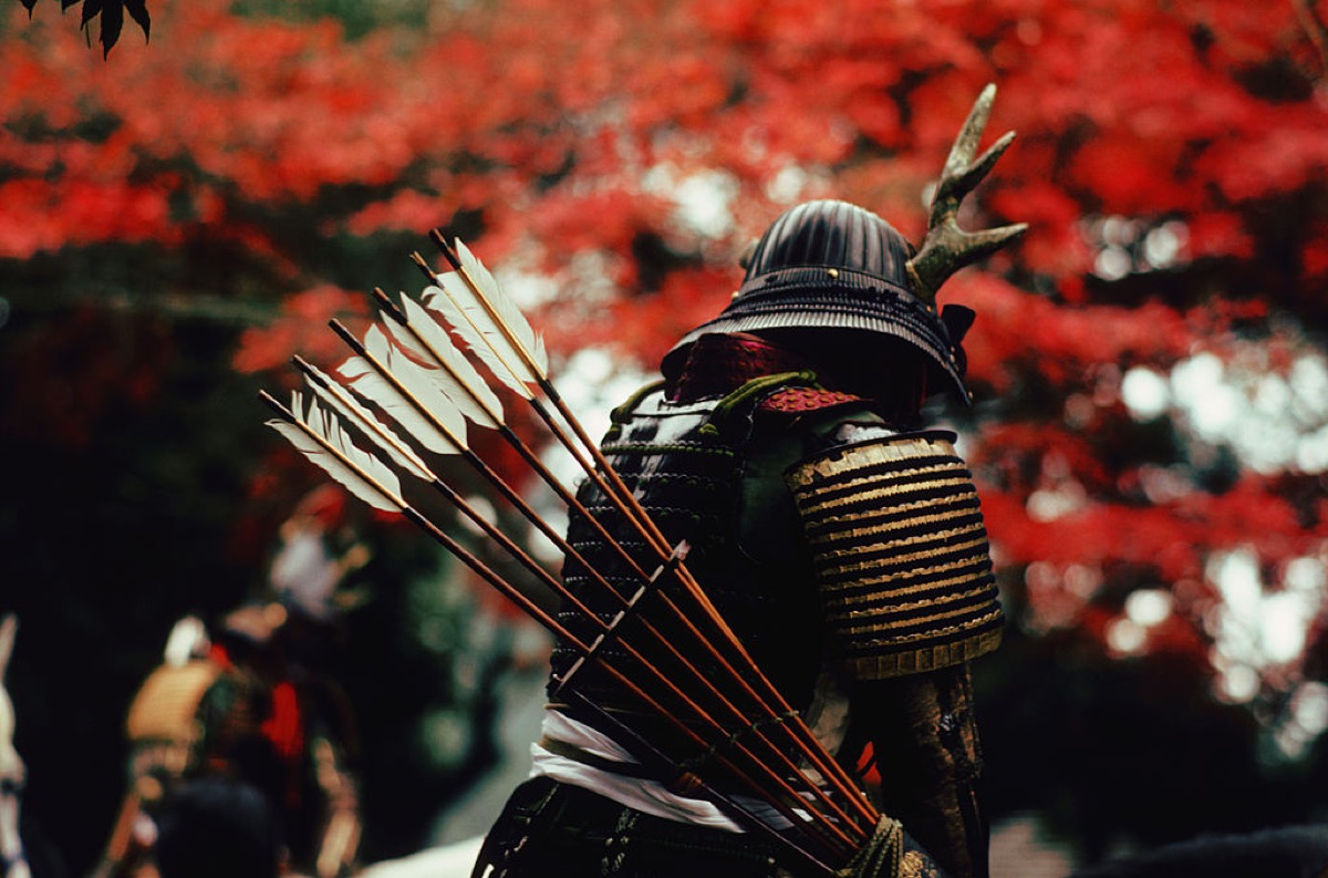 A person in samurai armor facing away from the camera, with a quiver full of arrows on his back.