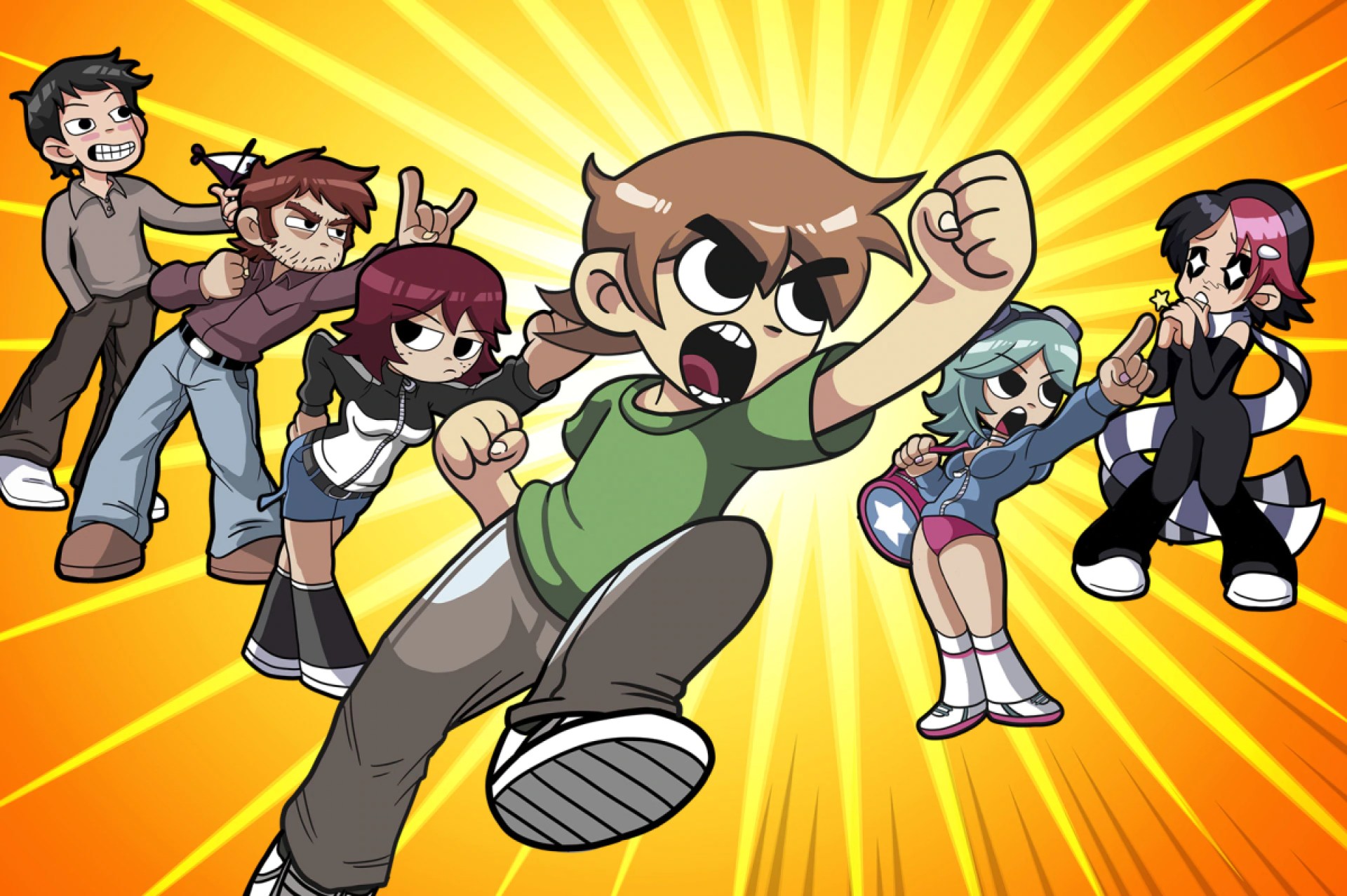 Animated characters pose ready to fight, with a sunburst behind them in the game "Scott Pilgrim vs. The World"