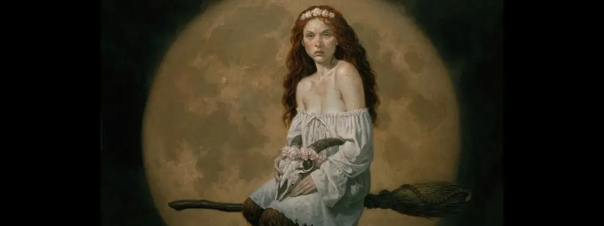 A woman with long red hair, wearing a white shift, sits on a broomstick and holds a deer skull in her lap. She looks sullen and menacing. The full moon is behind her against a black background.