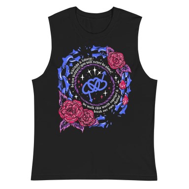Soft Punk Bisexual Siblings and Lovers Unisex Tank. A black tank top with blue, punk and purple flowers and broken chains surrounding the text "bisexual siblings and lovers do not despair you will never be alone! We walk this world together and break our own chains"