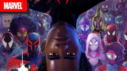 Miles Morales surrounded by all of the Spidermen/ Spiderwomen / spider-variants of the Spiderverse