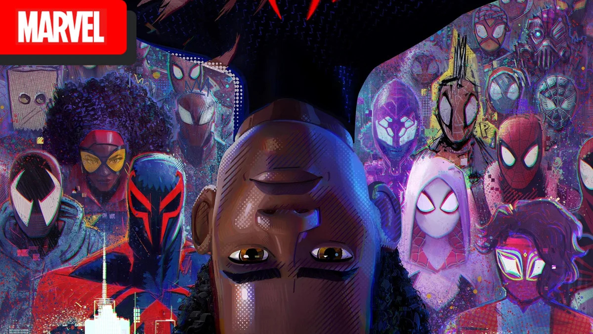 Miles Morales upside down in front of a bunch of other Spider-People in Spider-Man: Across the Spider-Verse.