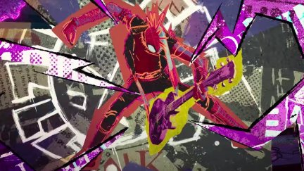 Spider-Punk shreds on a guitar in the middle of a collage-looking web in Across the Spider-Verse.