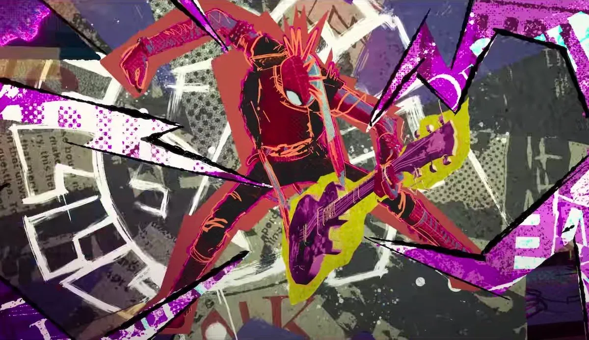Spider-Punk shreds on a guitar in the middle of a collage-looking web in Across the Spider-Verse.