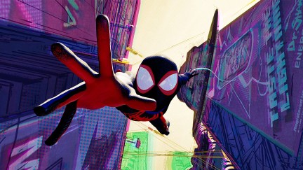 Miles Morales falls through New York in promotional art for Spider-Man: Across the Spider-Verse.