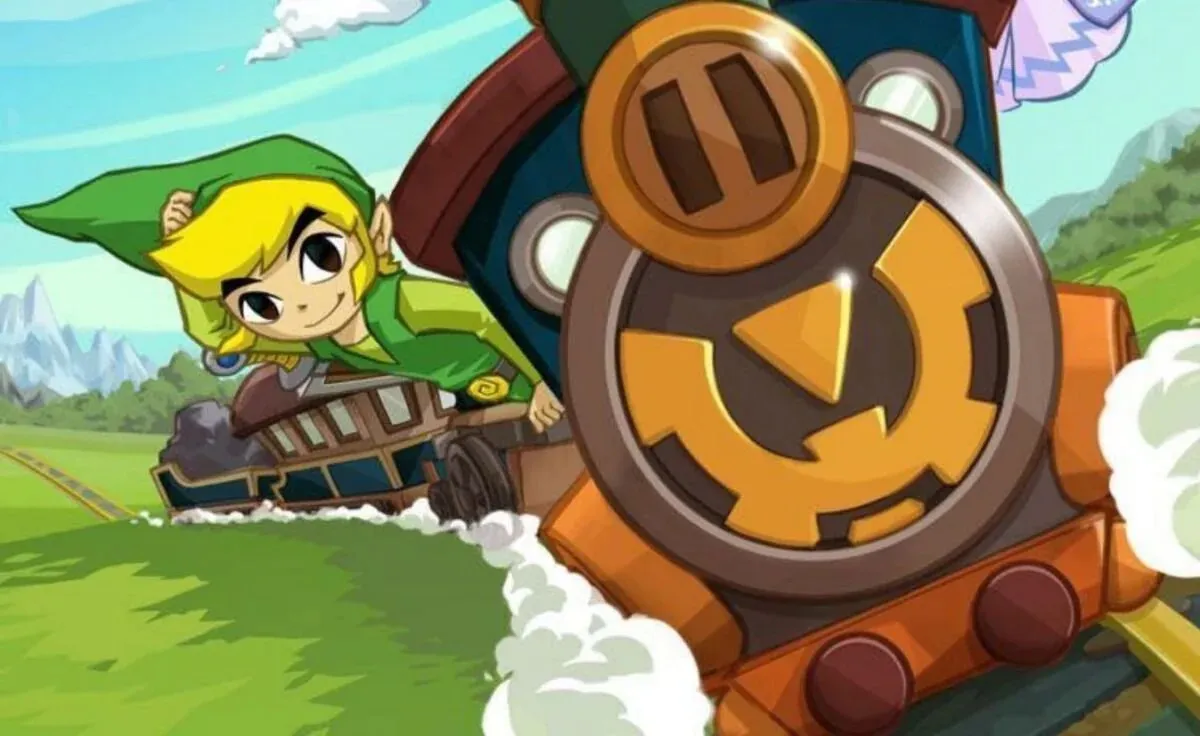 Link hangs out the window of a choo-choo train in "Spirit Tracks" 