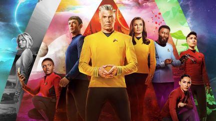 Season 2 poster for Strange New Worlds, with the cast posing against a multicolored background. Behind them are various planets and starscapes.