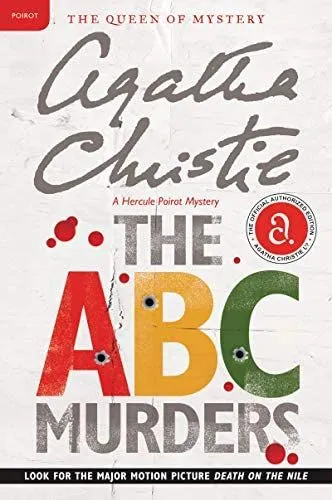 Agatha Christie's The A. B. C. Murders cover; a grey book with her name in handwritten style text at the top. Then the title in grey, except for the A which is red, the B which is yellow, and the C which is green. There are red blood spatters across the cover.