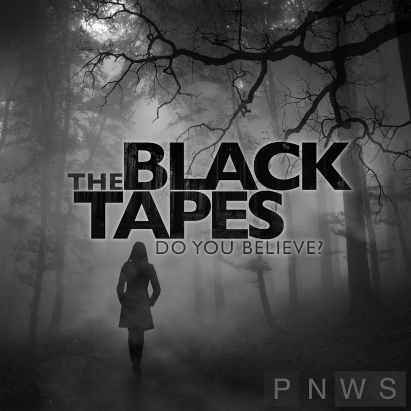 The Black Tapes logo, a black and white picture of a silhouetted person walking through a misty forest.