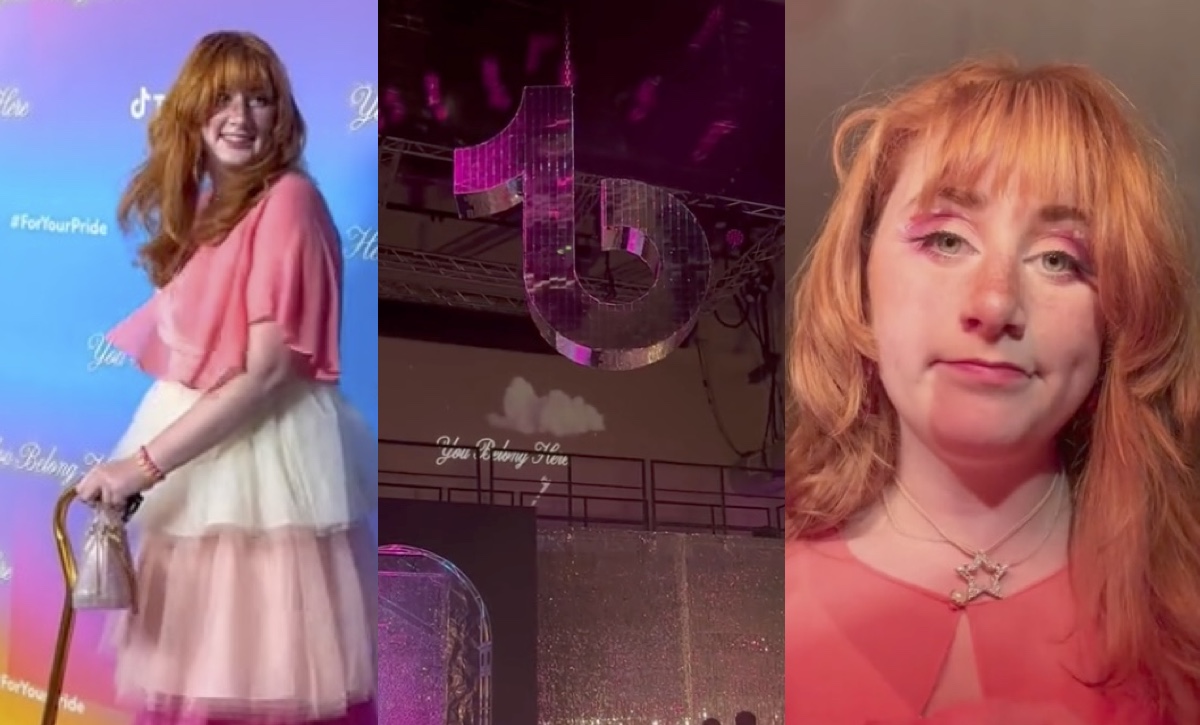 Three images in one. On the left, Fay at the TikTok Pride ball. In the middle, a TikTok disco ball. On the right, Fay looking sad at home.