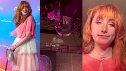 Three images in one. On the left, Fay at the TikTok Pride ball. In the middle, a TikTok disco ball. On the right, Fay looking sad at home.