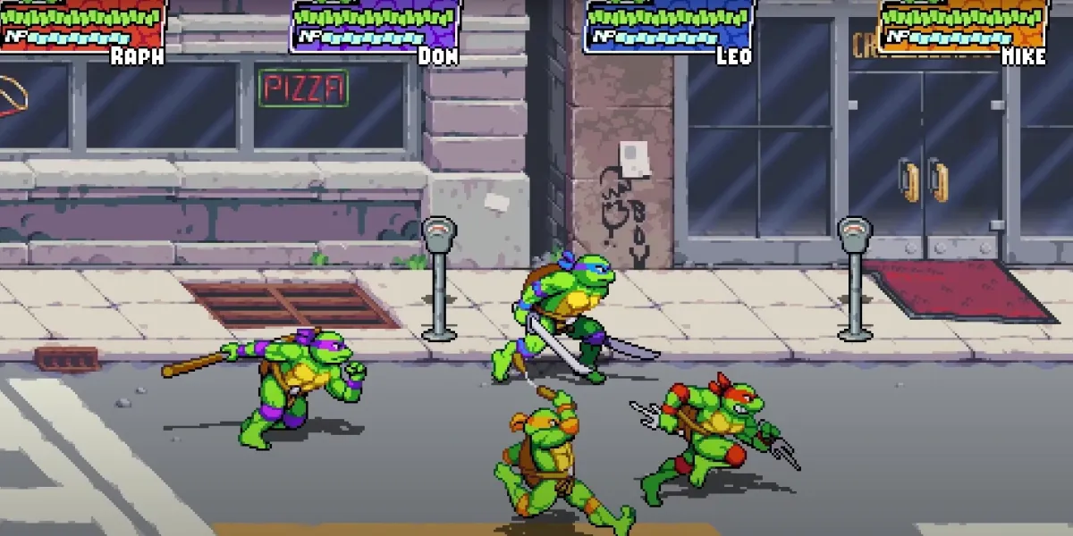 Four animated turtles fighting crime in the street in the game "Teenage Mutant Ninja Turtles"