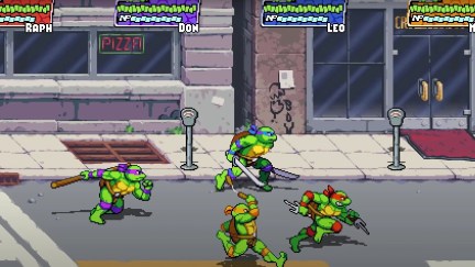 Four animated turtles fighting crime in the street in the game 