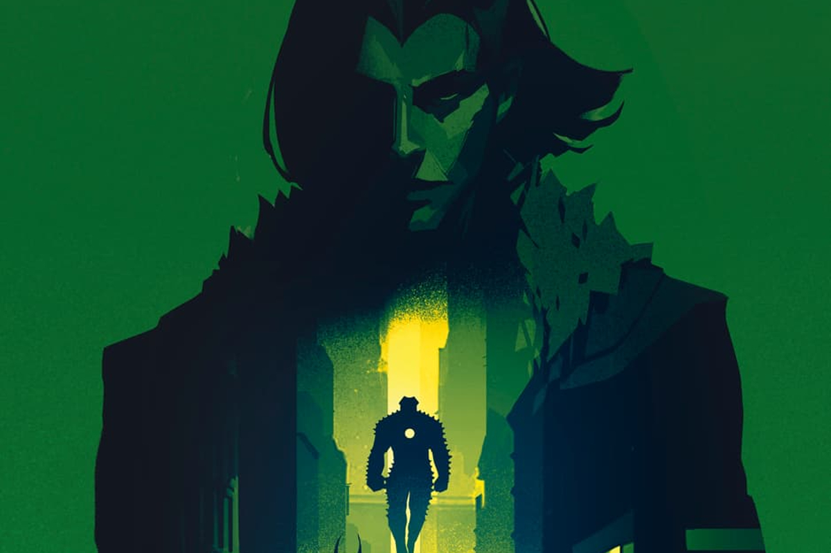 A spiky suited iron man floats between skyscrapers, the image is projected onto Loki's chest. The whole image is in shades of green and black.