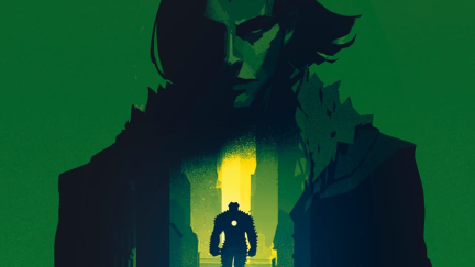 A spiky suited iron man floats between skyscrapers, the image is projected onto Loki's chest. The whole image is in shades of green and black.