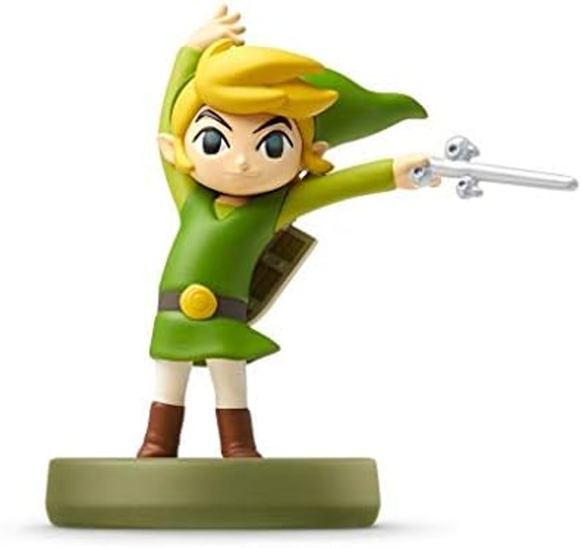 30th Anniversary Wind Walker Link Amiibo; a cute cartoon style statuette of Link with one arm above his head and his sword held out to the side.