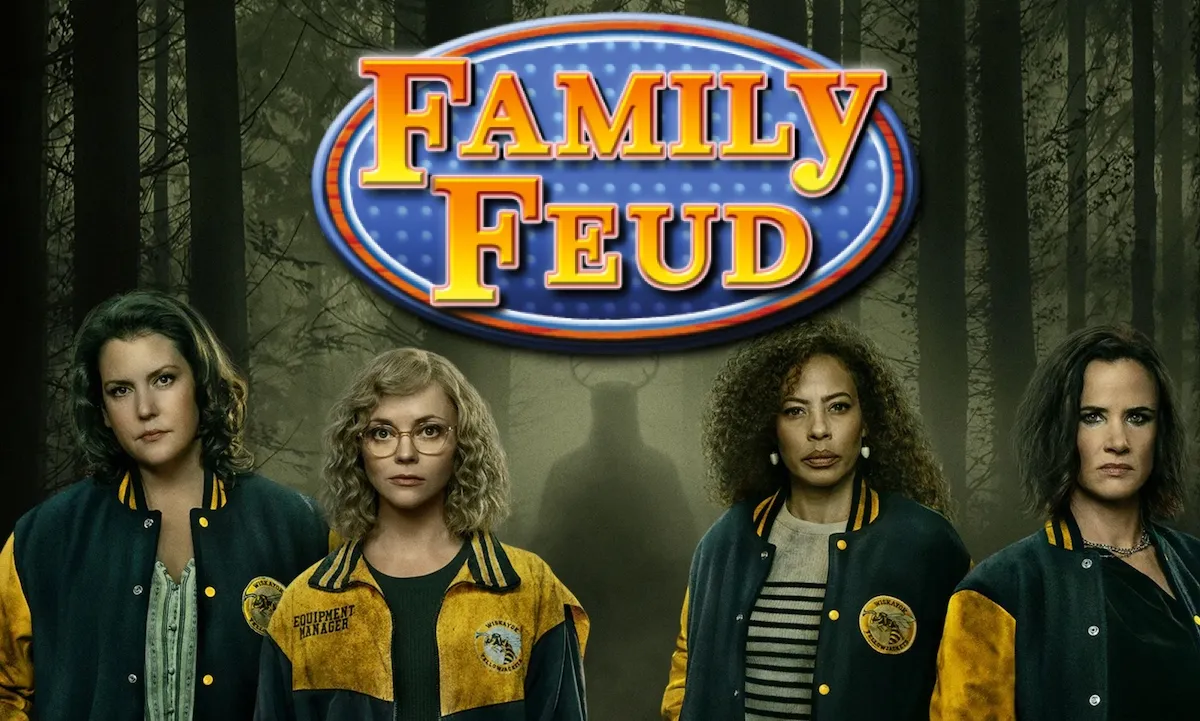 A promo shot of the cast of Yellowjackets with the Family Feud logo superimposed above them.
