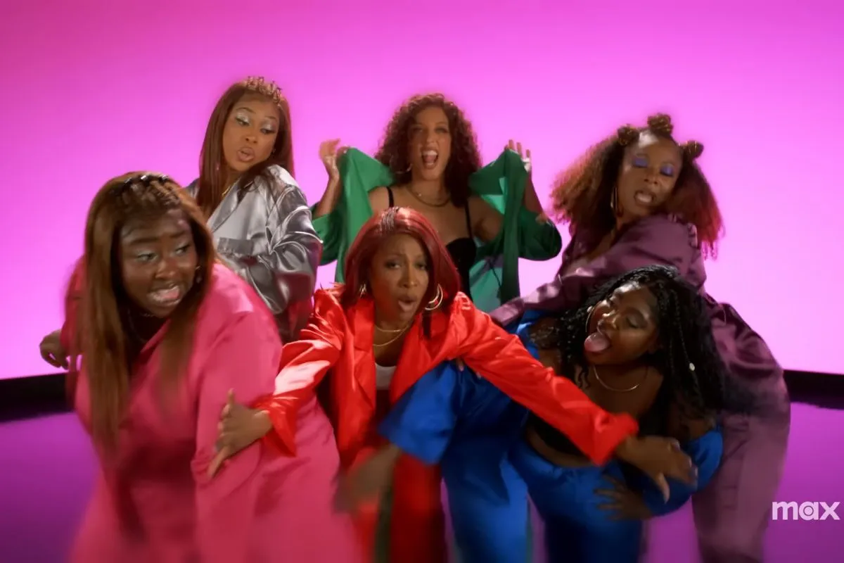 'Girl Trippin'' music video from 'A Black Lady Sketch Show' season 4. Six women in different pajamas. (