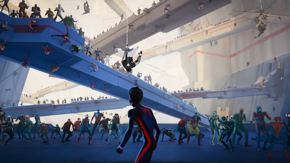 A 3D animated Miles Morales as Spider-Man, seen from behind without his mask on, looking out at a bustling concourse full of parallel universe Spider-Men in "Across the spider-verse"