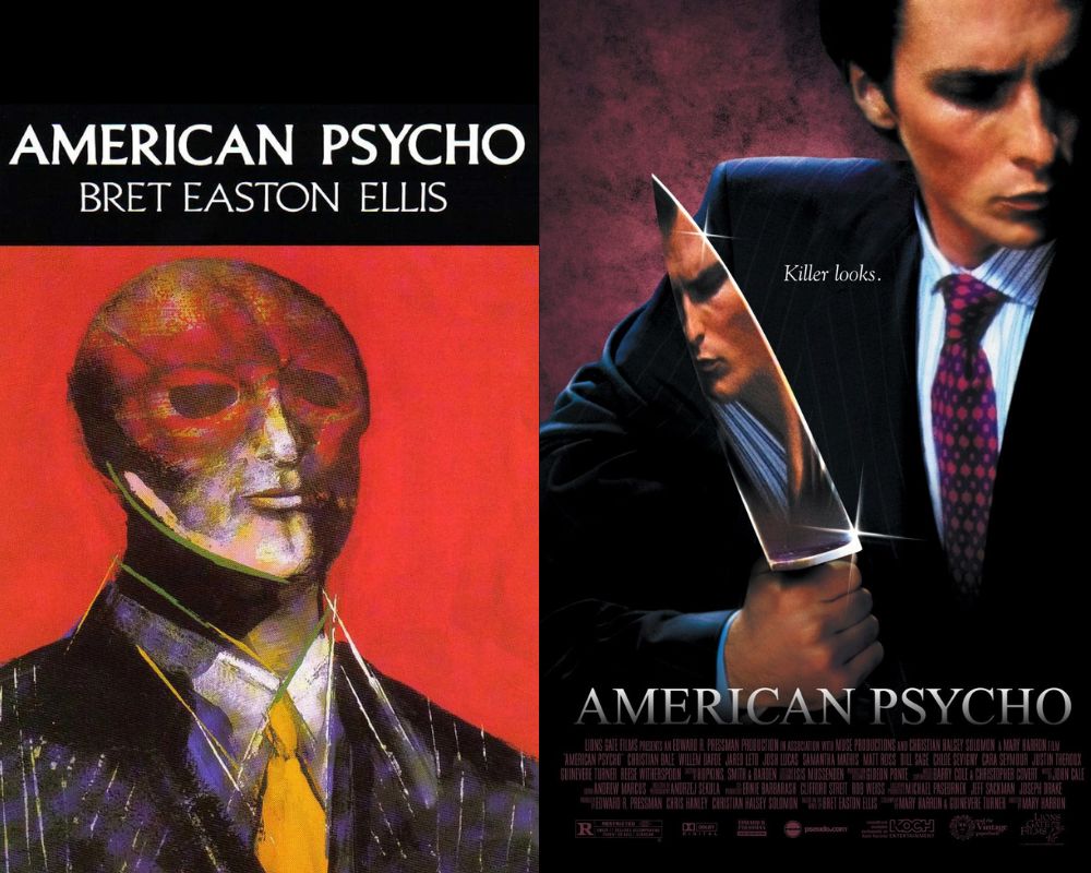 "American Psycho" by Bret Easton Ellis next to movie poster. 