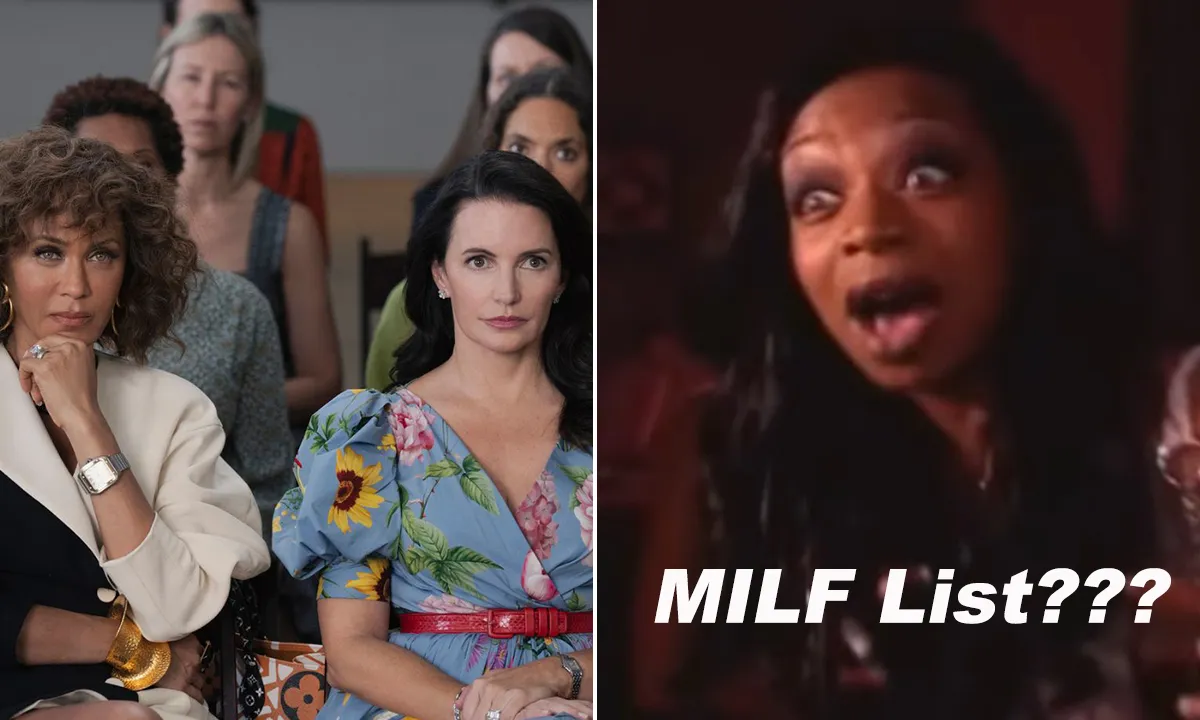 Nicole Ari Parker and Kristin Davis in 'And Just Like That' season 2, episode 3, opposite a Tiffany Pollard meme with the caption "MILF List???"