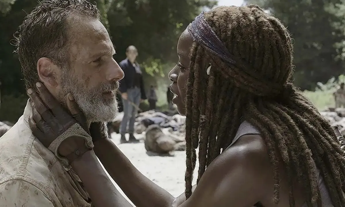 Andrew Lincoln as Rick Grimes seeing a hallucinatory version of Danai Gurira as Michonne in The Walking Dead season 9