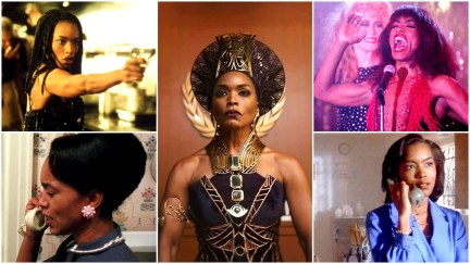 Collage of Angela Bassett's Oscar-Worthy roles in Strange Days, Malcolm X, Black Panther: Wakanda Forever, What's Love Got to Do With It, and Boyz n the Hood