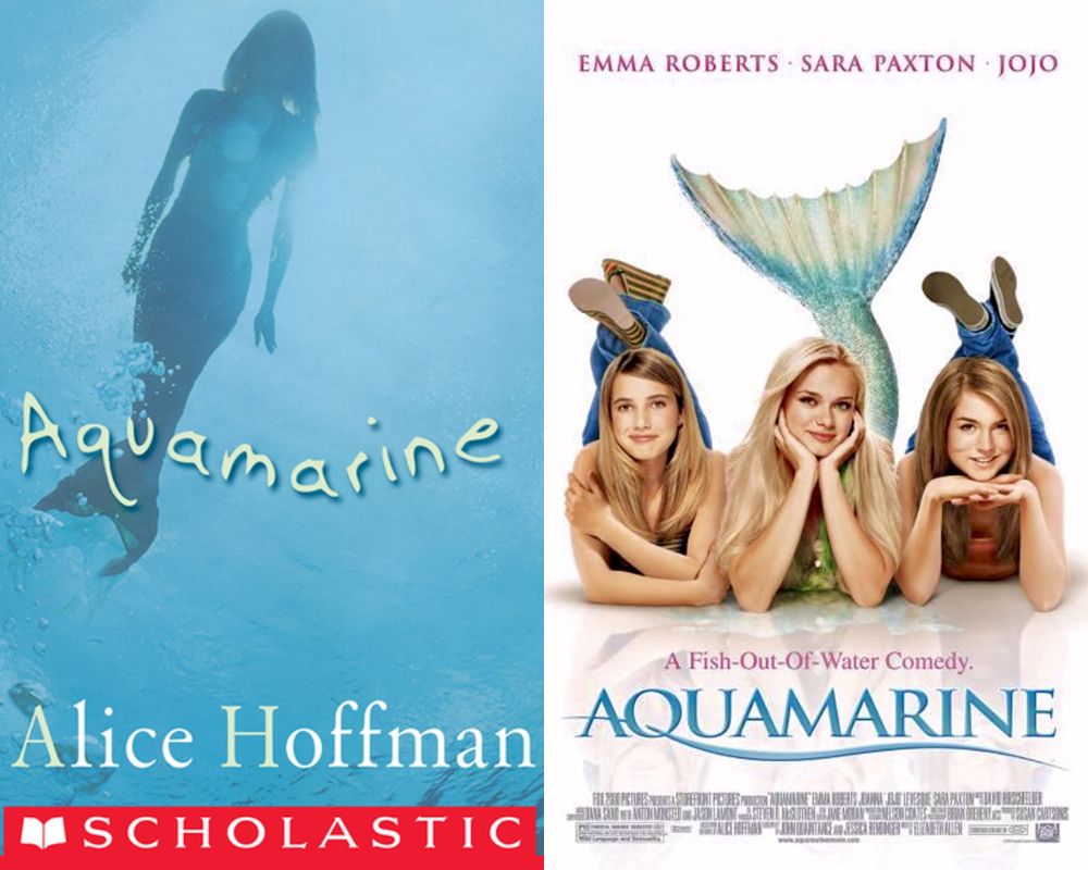 "Aquamarine" by Alice Hoffman next to movie poster. 
