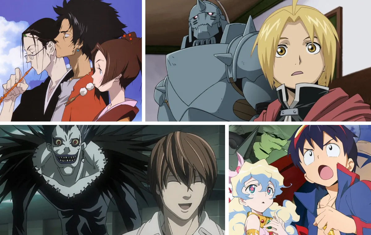 Best 2000s anime, clockwise from top left: 'Samurai Champloo,' 'Fullmetal Alchemist: Brotherhood,' 'Gurren Lagann,' and 'Death Note'