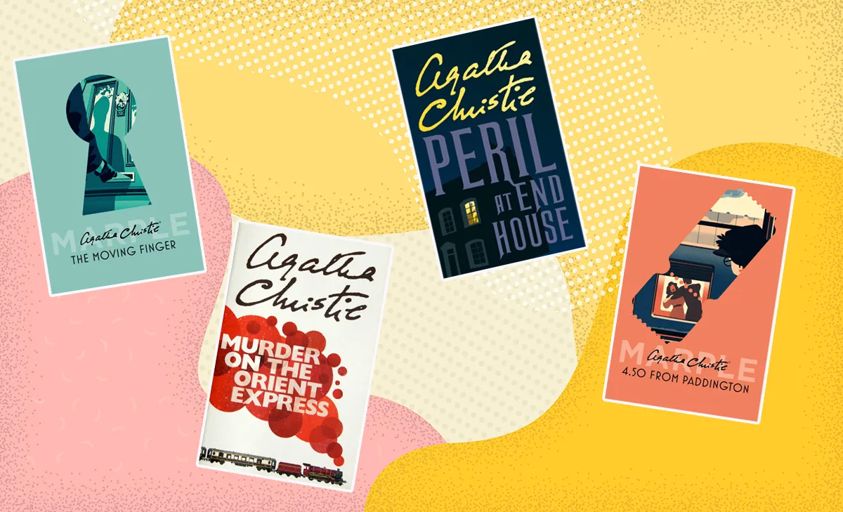 A selection of Agatha Christie book covers on an abstract background